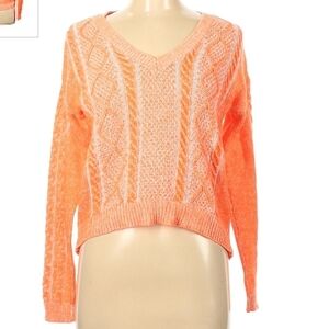 Mudd Neon Orange Cable Chunky Knit V-Knit Sweater Junior's Medium M Fall Bright